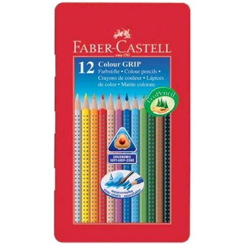 FABER CASTELL COLOUR GRIP PASTELLI ACQUARELLABILI 3.3 mm COLORI ASSORTITI ASTUCCIO IN METALLO CONF. 12 Pz.