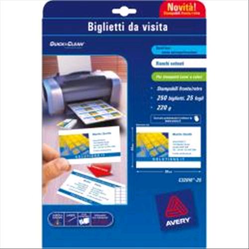 AVERY-ZWECKFORM C32016-25 CONF 250 BIGLIETTINI DA VISITA 84x54 MM PER STAMPANTI LASER/INKJET 220 GR/M2 BIANCO OPACO