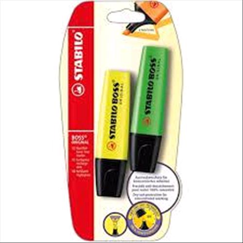 STABILO BOSS ORIGINAL EVIDENZIATORE TRATTO 2/5 MM GIALLO/VERDE CONF 2 Pz.