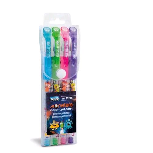NIJI PENNA A SFERA INCHIOSTRO GEL GLITTERATO E PROFUMATO COLORI ASSORTITI CONF 4 Pz.