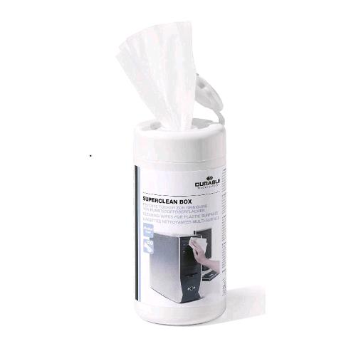 DURABLE SUPERCLEAN BOX 100 SALVIETTINE UMIDIFICATE PER LA PULIZIA DI SUPERFICI SINTETICHE E IN PLASTICA ANTISTATICHE E PRIVE DI ALCOOL BIODEGRADABILI