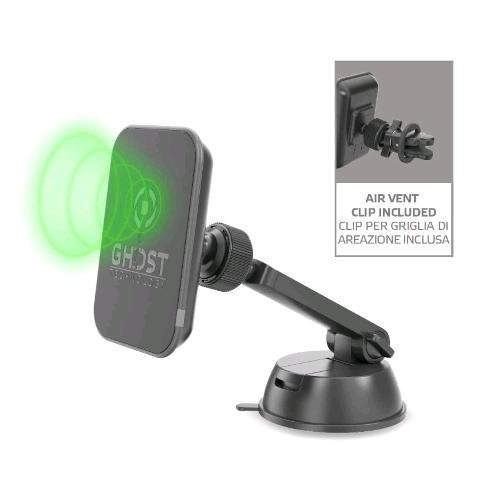 CELLY GHOST  SUPPORTO UNIVERSALE MAGNETICO PER AUTO CON FUNZIONE RICARICA WIRELESS CON CLIP PER GRIGLIA D'AERAZIONE O VENTOSA PER PARABREZZA NERO