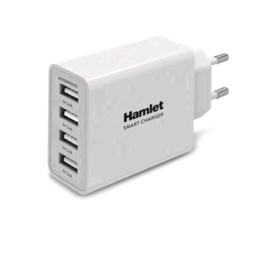 HAMLET CARICABATTERIE DA RETE 4 PORTE USB 5 V 2.4A 25 W BIANCO