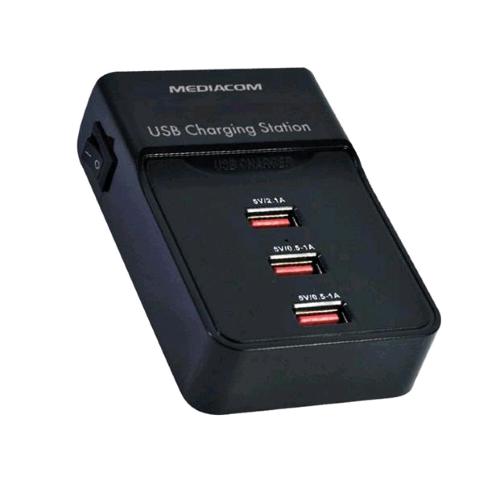 MEDIACOM M-USBPS3SB CARICABATTERIE 3 CONNETTORI USB TOTALE 3A PRESA ITALIANA COLORE NERO