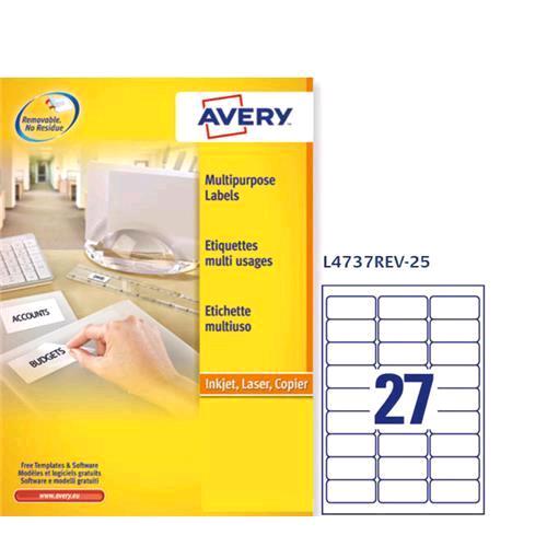 AVERY-ZWECKFORM L4737REV-25 CONF 675 ETICHETTE 29.6x63.5 MM ADESIVE REMOVIBILI COLORE BIANCO OPACO