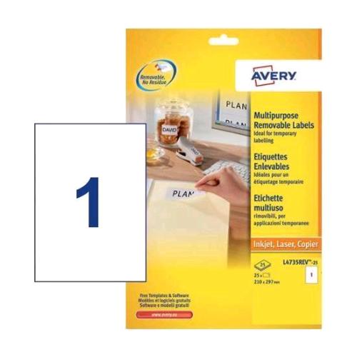 AVERY MINI ETICHETTE RIMOVIBILI ADESIVE BIANCHE 210 x 297mm CONF 25 Pz.