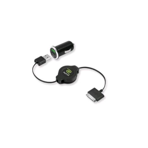 RETRAK APPLE 30 PIN ALIMENTATORE AUTO 1 X USB TIPO A CON CAVO USB TIPO A / APPLE 30PIN RETRATTILE NERO