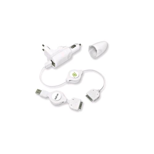 RETRAK APPLE 30PIN ALIMENTATORE AUTO 2 X USB TIPO A CON 2 CAVI USB TIPO A / APPLE 30PIN RETRATTILE BIANCO
