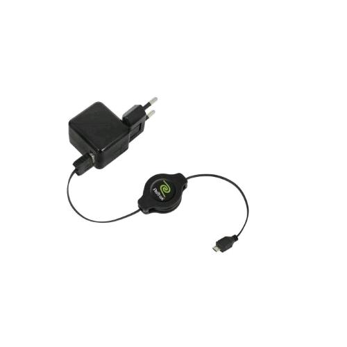 RETRAK ALIMENTATORE DA RETE 1 X USB TIPO A CON CAVO USB TIPO A / MICRO USB RETRATTILE 1 M NERO