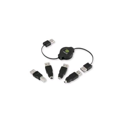 RETRAK CAVO USB RETRATTILE 1 x M USB TIPO A 1 X F USB TIPO A E 4 ADATTATORI 1 M NERO