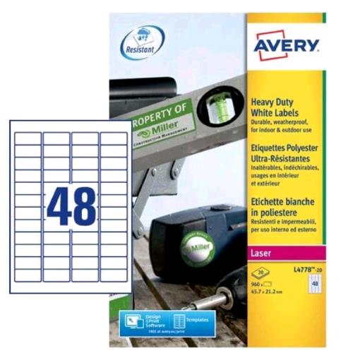 AVERY CONF 960 ETICHETTE ADESIVE IN POLIESTERE 45,7X21,2 mm BIANCO 