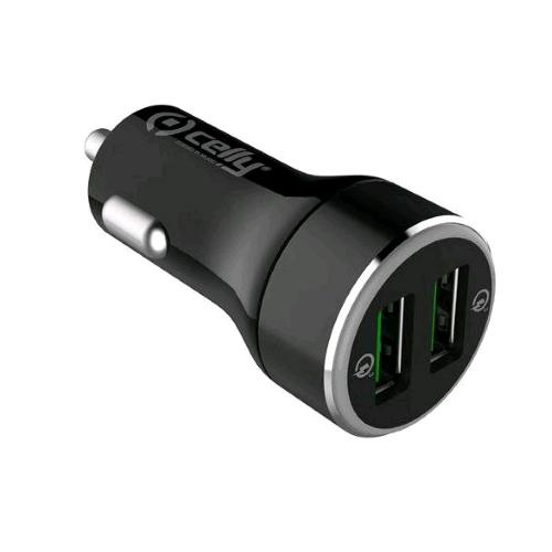 CELLY QC30 CARICA BATTERIA DA AUTO CON 2 PORTE USB CON TECNOLOGIA QUICK GHARGE 3.0 NERO