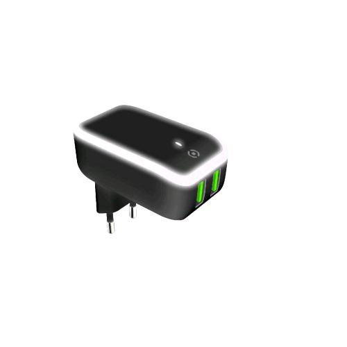 CELLY CARICABATTERIE DA RETE 2 X USB TIPO A 2.4 A CON LUCE LED INTEGRATA NERO