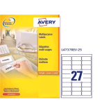 AVERY-ZWECKFORM L4737REV-25 CONF 675 ETICHETTE 29.6x63.5 MM ADESIVE REMOVIBILI COLORE BIANCO OPACO