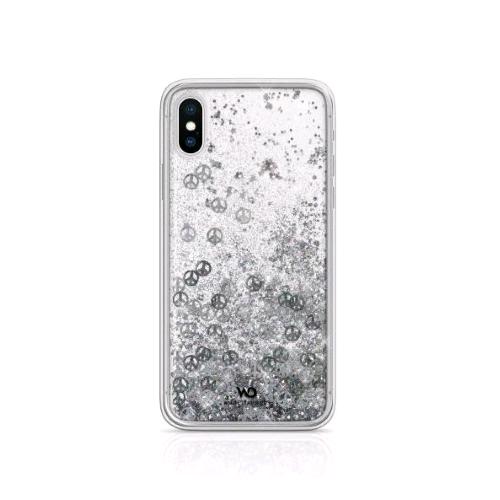 WHITE DIAMONDS APPLE iPHONE X/XS COVER IN TPU E POLICARBONATO TRASPARENTE CON GLITTER FLUTTUANTI MOTIVO PEACE