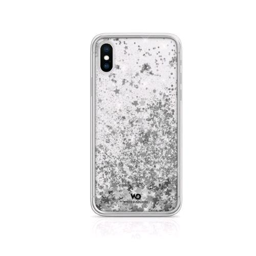 WHITE DIAMONDS APPLE iPHONE X/XS COVER IN TPU E POLICARBONATO TRASPARENTE CON GLITTER FLUTTUANTI MOTIVO SILVER STAR