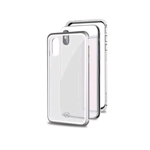 CELLY APPLE iPHONE XS MAX COVER MAGNETICA IN ALLUMINIO + VETRO TEMPERATO TRASPARENTE SILVER