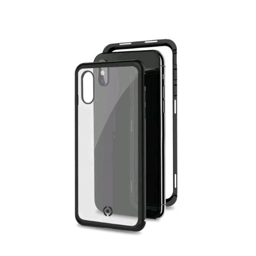 CELLY APPLE iPHONE XS/X COVER MAGNETICA IN ALLUMINIO + VETRO TEMPERATO TRASPARENTE NERO