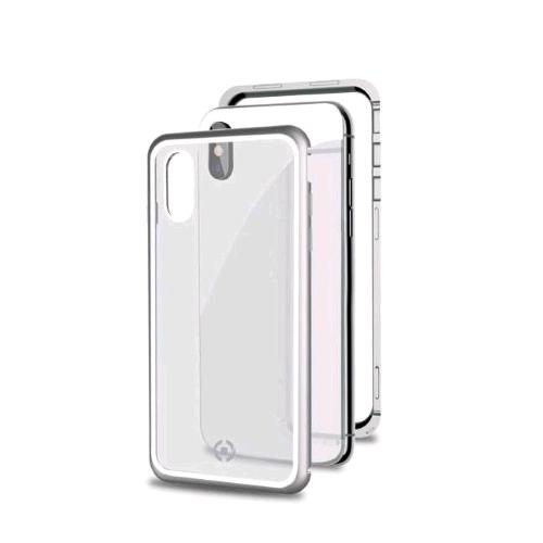 CELLY APPLE iPHONE XS/X COVER MAGNETICA IN ALLUMINIO + VETRO TEMPERATO TRASPARENTE SILVER