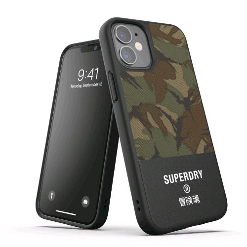 SUPERDRY APPLE iPHONE 12 MINI COVER IN TPU INTARSIATA IN TELA ANTI URTO CON LOGO SUPEDRY STAMPATO VERDE MIMETICO
