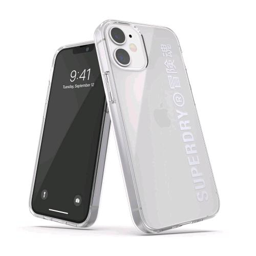 SUPERDRY APPLE iPHONE 12 MINI COVER IN TPU CHIUSURA A SCATTO LOGO SUPEDRY STAMPATO SILVER