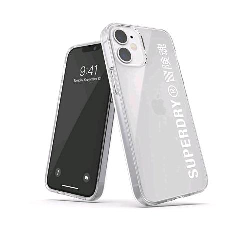 SUPERDRY APPLE iPHONE 12 MINI COVER IN TPU CHIUSURA A SCATTO LOGO SUPEDRY STAMPATO BIANCO