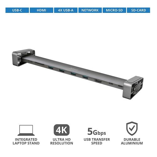 TRUST DALYX DOCK HUB MULTIPORTA 10-IN-1 USB-C CABLATO CON PORTA HDMI LETTORE DI SCHEDE USB-C PD  USB-A PORTA DI RETE GRIGIO