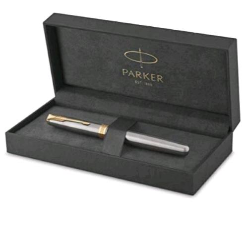 PARKER SONNET STAINLESS STEEL GT PENNA STILOGRAFICA PENNINO M FUSTO IN ACCIAIO INOSSIDABILE RIFINITURE ORO INCHIOSTRO BLU CONFEZIONE REGALO 