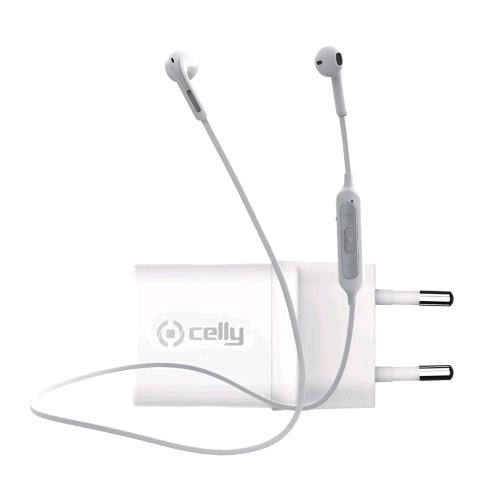 CELLY CARICABATTERIE DA RETE 20W CON TECNOLOGIA POWER DELIVERY USB TIPO C E AURICOLARI BLUETOOTH CON CAVO ANTI AGGROVIGLIAMENTO BIANCO