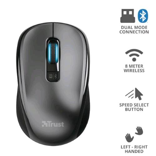 TRUST YVI MOUSE OTTICO DUAL-MODE WIRELESS 1.600 DPI 4 TASTI COLORE GRIGIO NERO