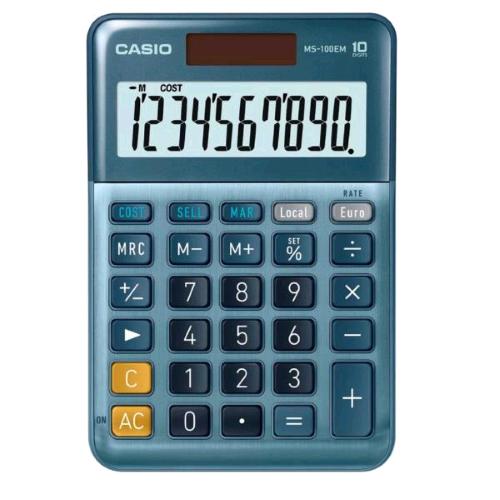 CASIO MS-100EM CALCOLATRICE DA TAVOLO 10 CIFRE DOPPIA ALIMENTAZIONE SOLARE BATTERIA BLU