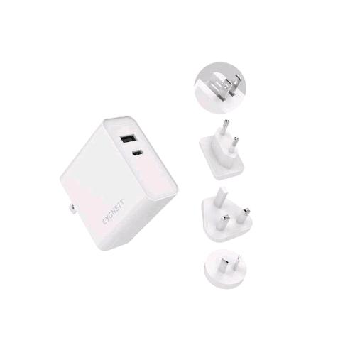 CYGNETT POWERPLUS CARICABATTERIE DA RETE CON ADATTATORI DA VIAGGIO AU/UK/EU 60W USB-C PD + 12W USB-A BIANCO