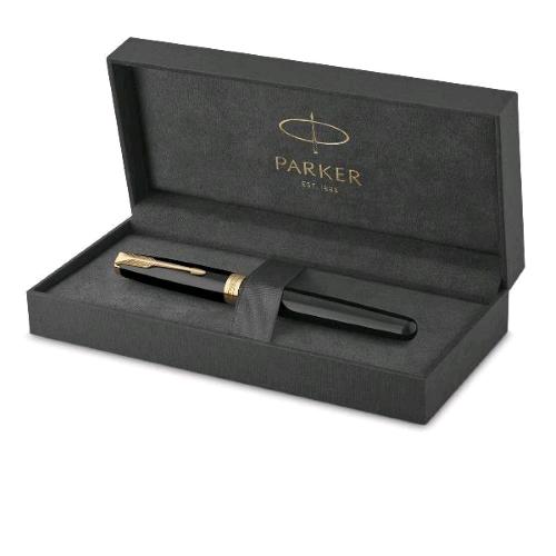 PARKER SONNET LACQUE BLACK GT PENNA ROLLER PUNTA F FINITURE IN ORO INCHIOSTRO NERO CONFEZIONE REGALO