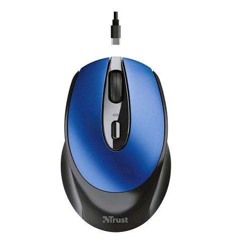 TRUST ZAYA MOUSE OTTICO RICARICABILE WIRELESS RICEVITORE USB 1.600 DPI 4 PULSANTI NERO BLU
