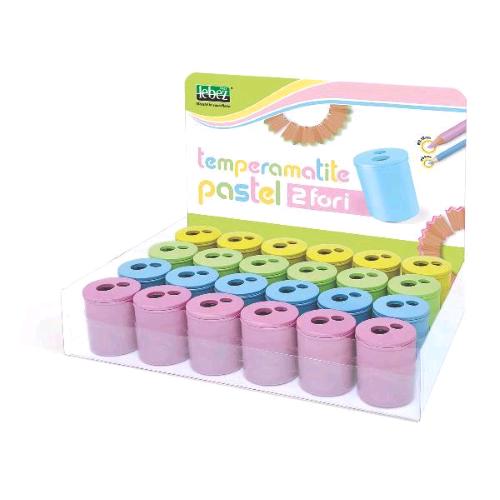LEBEZ ESPOSITORE TEMPERINO PASTEL 2 FORI CON SERBATOIO COLORI ASSORTITI CONF 24 Pz.