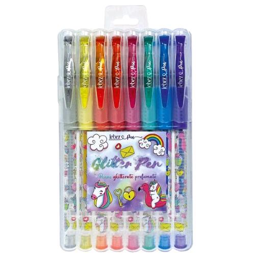 LEBEZ UNICORNO PENNE GEL GLITTERATE COLORI ASSORTITI CONF 8 Pz. 