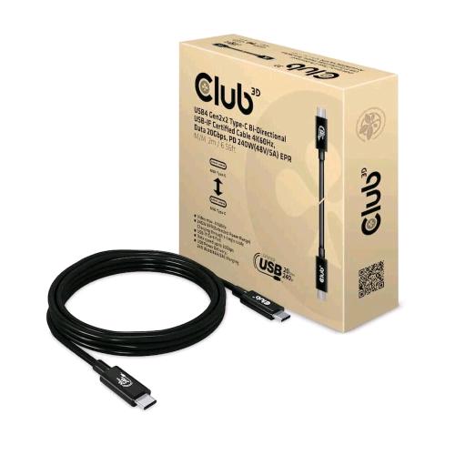 CLUB3D CAVO USB4 GEN2x2 TYPE-C A USB TYPE-C BIDIREZIONALE 4K 60HZ DATA 20GBPS PD 240W 48V/5A  EPR M/M 2MT BLACK