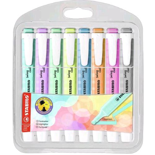 STABILO SWING COOL PASTEL EVIDENZIATORE PUNTA A SCALPELLO 1/4 mm COLORI ASSORTITI CONF 8 Pz.