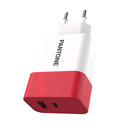 PANTONE PT-PDAC02R1 CARICABATTERIE DA RETE 2 USCITE USB-A USB-C 3A 20W BIANCO/ROSSO