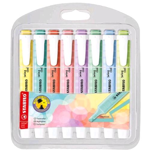 STABILO SWING COOL PASTEL EVIDENZIATORE PUNTA A SCALPELLO 1/4 mm COLORI ASSORTITI CONF 8 Pz.