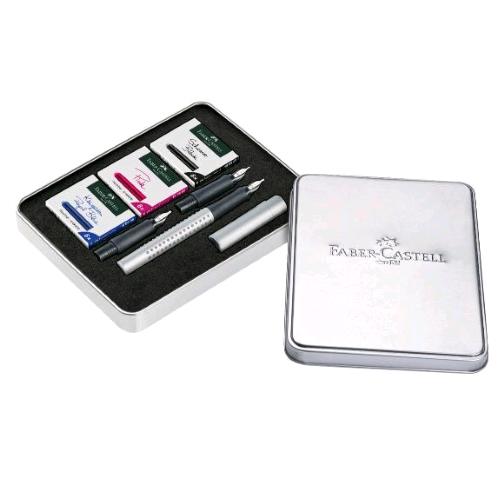 FABER CASTELL SET GRIP 2011 SILVER CALLIGRAPHY PENNA STILOGRAFICA CON 3 PENNINI E 3 ASTUCCI DI CARTUCCE COLORI ASSORTITI