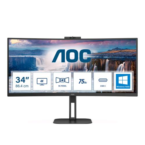 AOC CU34V5C/BK 34" LED WIDE QUAD HD CURVO 3440 x 1440 21:9 300 CD/mq 1ms CONTRASTO 3.000:1 100Hz FREESYNC ALTOPARLANTI HUB USB INTEGRATO 65W-1 x HDMI 1 x DISPLAYPORT NERO