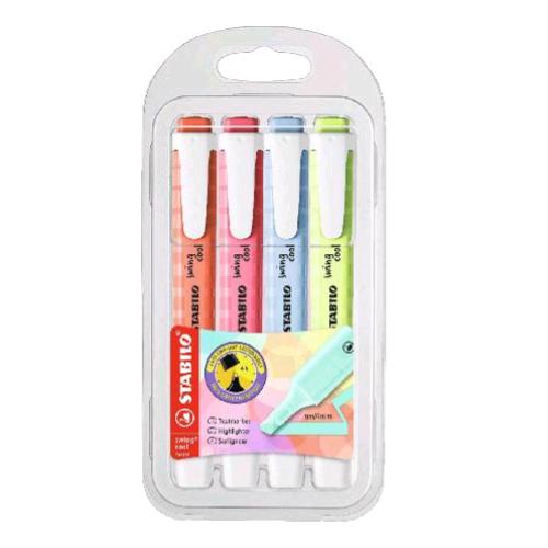 STABILO SWING COOL PASTEL EVIDENZIATORE PUNTA A SCALPELLO 1/4 mm COLORI ASSORTITI CONF 4 Pz.