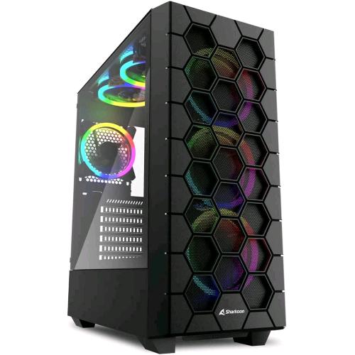 SHARKOON RGB HEX 7 CASE MIDI TOWER MINI-ITX MICRO-ATX ATX DESIGN FRONTALE ESAGONALE 3D PANNELLO LATERALE IN VETRO TEMPERATO 1xUSB-C 3.2 6xVENTOLE 120MM RGB LED BLACK