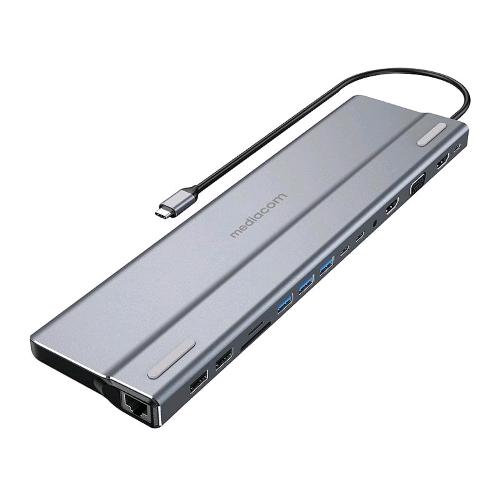 MEDIACOM MD-C320 DOCKING STATION POWER DELIVERY 100 W 3 x USB-A 3.1- 2 x USB-A 2.0 - 1 x USB-C 100 W - 2 x HDMI 1 x RJ-45 GIGABIT ETHERNET - 1 x VGA 15 PIN - 1 x SD MMC MEMORY CARD - 1 x MICRO SD