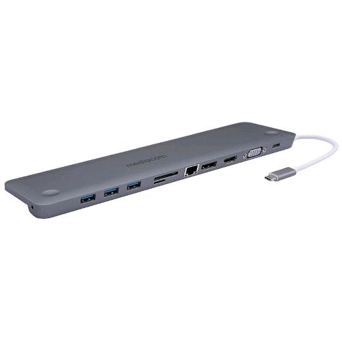 MEDIACOM MD-C322 DOCKING STATION POWER DELIVERY 3 x USB-A 3.1 POWER DELIVERY 7.5 W - 1 x USB-C 100 W - 1 x HDMI - 1 x DISPLAYPORT -1 x VGA - 1 x RJ-45 GIGABIT ETHENERT - 1 x JACK 3.5mm - 1 x SD MMC MEMORY - 1 x MICRO SD 