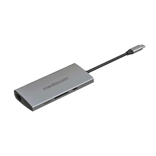 MEDIACOM MD-C316 MINI DOCKING STATION DA USB-C A 3xUSB-A 3.0 1xUSB-C PD 100W 1xHDMI 1x LAN RJ-45 SLOT MEMORIA SD GRIGIO