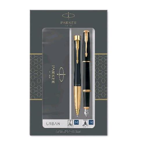 PARKER URBAN DUO PENNA A SFERA E PENNA STILOGRAFICA CORPO NERO OPACO FINITURE DORATE INCHIOSTRO BLU CONFEZIONE REGALO 