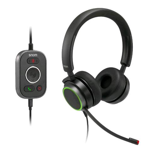 SNOM A330D CUFFIE OVER-EAR CON CANCELLAZIONE PASSIVA DEL RUMORE VOIP CAVO JACK USB/RJ9/3.5 CON CONTROLLO CONVERSAZIONE MORBIDA PELLE SINTETICA NERO 
