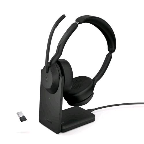 JABRA EVOLVE2 55 DUO MS LINK380 CUFFIE STEREO CON MICOFONO WIRELESS BLUETOOTH A PADIGLIONE CANCELAZIONE ATTIVA DEL RUMORE CON BASE DI RICARICA USB-A BLACK 